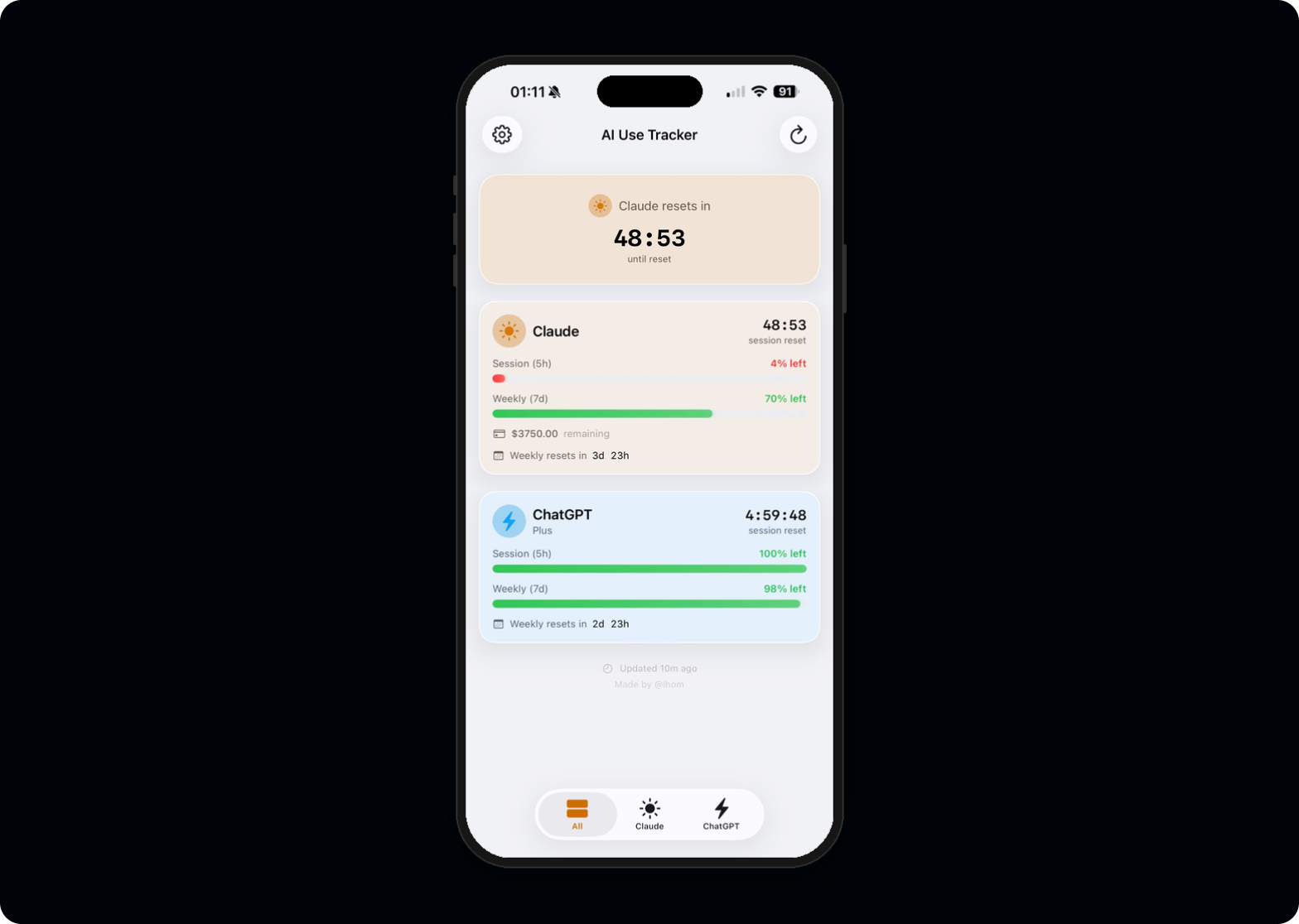 AI Use Tracker in light mode with Liquid Glass effects, showing both providers with session and weekly usage bars